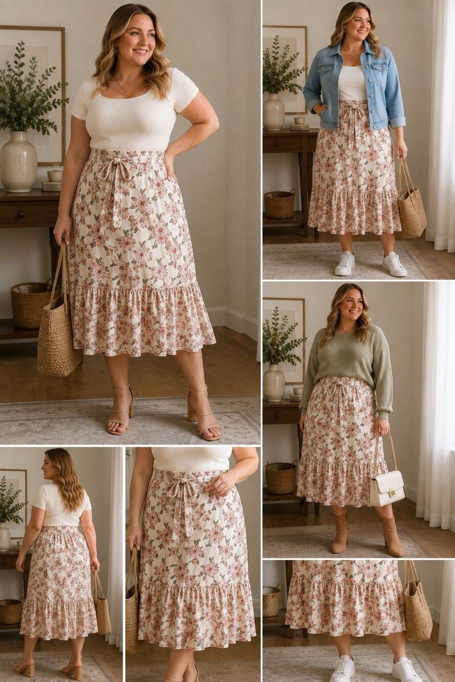 C Est 1946 Plus Size 22/24W Floral Midi Skirt Ivory Pink Ruffle Hem Tie Waist